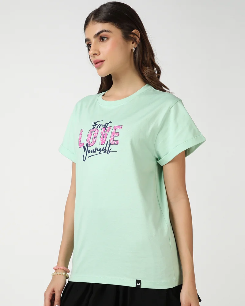 بيواكوف Women's Bird Egg Green First Love Yourself Typography Boyfriend T-shirt